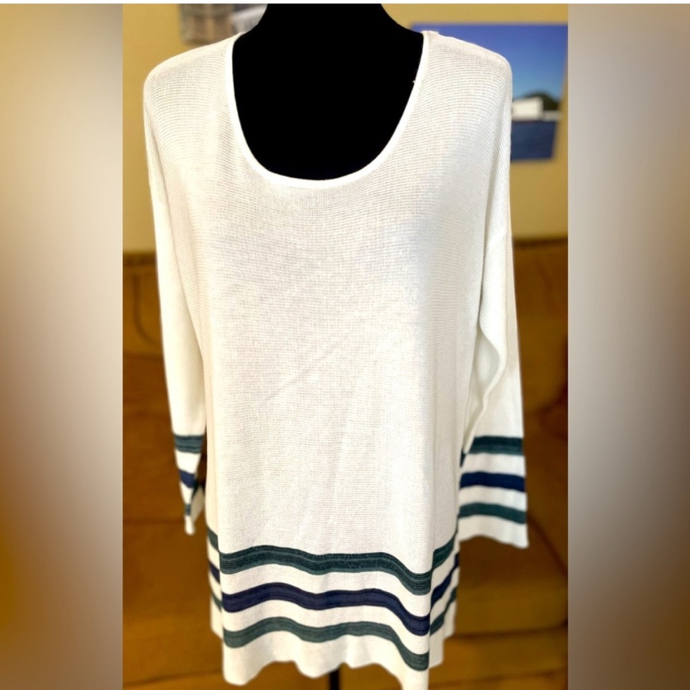 Mystree Ivory Sweater with Dark Blue and Green Stripes